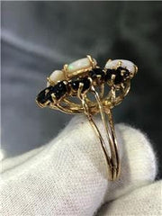 LIV 14k Yellow Gold White Opal & Blue Sapphire Floral Hand Made Ring Sz 9 11.1 Gr