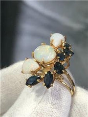 LIV 14k Yellow Gold White Opal & Blue Sapphire Floral Hand Made Ring Sz 9 11.1 Gr