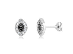 LIV Platinum Sterling Silver Black White Sapphire Pave Evil Eye Design Stud Earrings