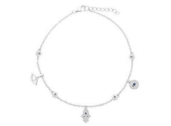 LIV Platinum Sterling Silver Blue White Sapphire Evil Eye Hamsa Halo Anklet 10" L