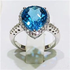 LIV 14k White Gold & Diamonds 0.68ct G-SI1 Blue Topaz 5.75ct Pear Halo Ring