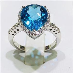 LIV 14k White Gold & Diamonds 0.68ct G-SI1 Blue Topaz 5.75ct Pear Halo Ring