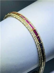 LIV 18k Gold Sterling Silver Rainbow Sapphire Princess Cut Stack Tennis Bracelet 7" Length