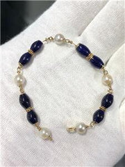 LIV 14k Yellow Gold Blue Lapis Lazuli & Pearl Baby Link Bracelet 7.3 Gr 5.7mm W 6"L