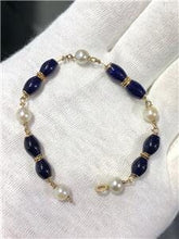 LIV 14k Yellow Gold Blue Lapis Lazuli & Pearl Baby Link Bracelet 7.3 Gr 5.7mm W 6"L