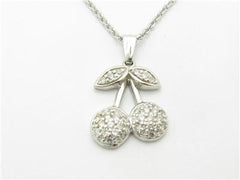 LIV 14k White Gold & Diamonds Pave Cherry Design Charm Pendant Necklace Gift