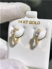 LIV 14k Yellow Gold & White Sapphire Pave Solitaire Design Huggie Hoop Earrings Gift