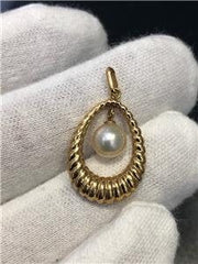 LIV 14k Yellow Gold & Genuine Pearl Tear Drop Cable Design Halo Dangle Pendant 6.1mm