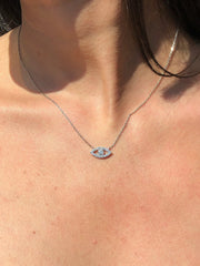 LIV 14k White Gold & Diamonds Evil Eye Design Pave Halo Good Luck Necklace 16" L
