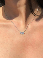 LIV 14k White Gold & Diamonds Evil Eye Design Pave Halo Good Luck Necklace 16" L