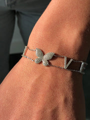 LIV Platinum Sterling Silver Pave White Sapphire LOVE Butterfly Stack Bracelet 7" L