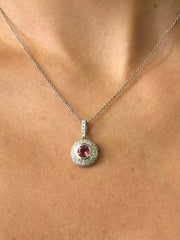 LIV 14k White Gold & Diamonds Pink Tourmaline Round Cut Pave Halo Design Necklace