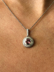LIV 14k White Gold & Diamonds Pink Tourmaline Round Cut Pave Halo Design Necklace