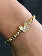 LIV Yellow Gold Stainless Steel Bead Butterfly Design Stretch Bracelet Stackable