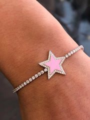 LIV Platinum Sterling Silver Pave White Sapphire Pink Enamel Star Tennis Bracelet