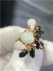 LIV 14k Yellow Gold White Opal & Blue Sapphire Floral Hand Made Ring Sz 9 11.1 Gr