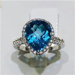 LIV 14k White Gold & Diamonds 0.68ct G-SI1 Blue Topaz 5.75ct Pear Halo Ring