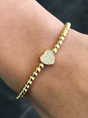 LIV Yellow Gold Stainless Steel Bead Pave Heart Design Stretch Bracelet Stackable