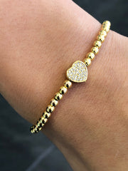 LIV Yellow Gold Stainless Steel Bead Pave Heart Design Stretch Bracelet Stackable