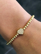 LIV Yellow Gold Stainless Steel Bead Pave Heart Design Stretch Bracelet Stackable