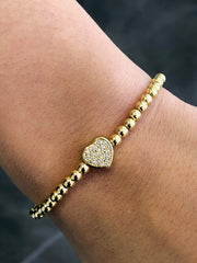 LIV Yellow Gold Stainless Steel Bead Pave Heart Design Stretch Bracelet Stackable