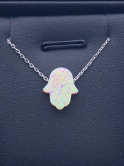 LIV Platinum Sterling Silver Pink Opal Hamsa Design Hand of God Good Luck Necklace