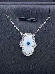 LIV Platinum Sterling Silver Mother of Pearl Hamsa Design Hand of God Luck Necklace