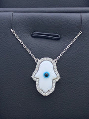 LIV Platinum Sterling Silver Mother of Pearl Hamsa Design Hand of God Luck Necklace