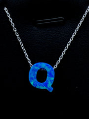 LIV Platinum Sterling Silver .925 Blue Opal Initial Q Alphabet Name Necklace Gift