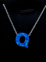 LIV Platinum Sterling Silver .925 Blue Opal Initial Q Alphabet Name Necklace Gift
