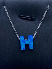 LIV Platinum Sterling Silver .925 Blue Opal Initial H Alphabet Name Necklace Gift