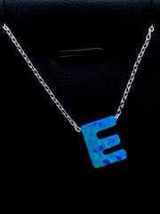 LIV Platinum Sterling Silver .925 Blue Opal Initial E Alphabet Name Necklace Gift