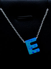 LIV Platinum Sterling Silver .925 Blue Opal Initial E Alphabet Name Necklace Gift