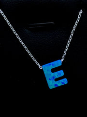 LIV Platinum Sterling Silver .925 Blue Opal Initial E Alphabet Name Necklace Gift