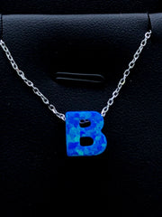 LIV Platinum Sterling Silver .925 Blue Opal Initial B Alphabet Name Necklace Gift