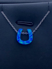LIV Platinum Sterling Silver .925 Blue Opal Horseshoe Good Luck Stackable Necklace