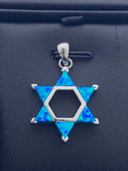 LIV Platinum Sterling Silver .925 Blue Opal Star of David Design Stackable Necklace