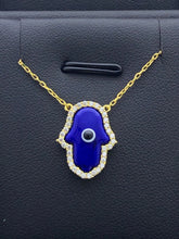 LIV Platinum Sterling Silver .925 Blue Resin Eye Hamsa Hand Design Halo Necklace