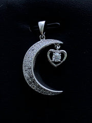 LIV Platinum Sterling Silver White Sapphire Pave Moon & Star Design Necklace Gift