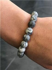 LIV Natural Gray Agate 8mm Bead Spiritual Design Lobster Lock Bracelet 8" Length