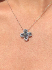 LIV 14k White Gold Black & White Diamonds 0.94ct G/VS1 Pave Set Small Cross Necklace