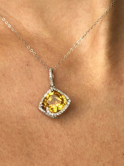 LIV 14k White Gold Diamonds & Golden Citrine Cushion Cut Halo Design Dangle Necklace