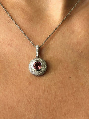 LIV 14k White Gold & Diamonds Pink Tourmaline Round Cut Pave Halo Design Necklace