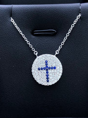 LIV Platinum Sterling Silver .925 White & Blue Sapphire Cross Disk Halo Necklace