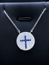LIV Platinum Sterling Silver .925 White & Blue Sapphire Cross Disk Halo Necklace