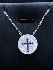 LIV Platinum Sterling Silver .925 White & Blue Sapphire Cross Disk Halo Necklace