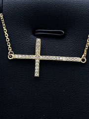 LIV 18k Gold Sterling Silver .925 White Sapphire Sideway Cross Design Pave Necklace