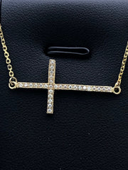LIV 18k Gold Sterling Silver .925 White Sapphire Sideway Cross Design Pave Necklace