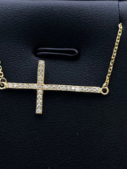 LIV 18k Gold Sterling Silver .925 White Sapphire Sideway Cross Design Pave Necklace