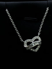 LIV Platinum Sterling Silver .925 White Sapphire Baguette Heart Halo Design Necklace